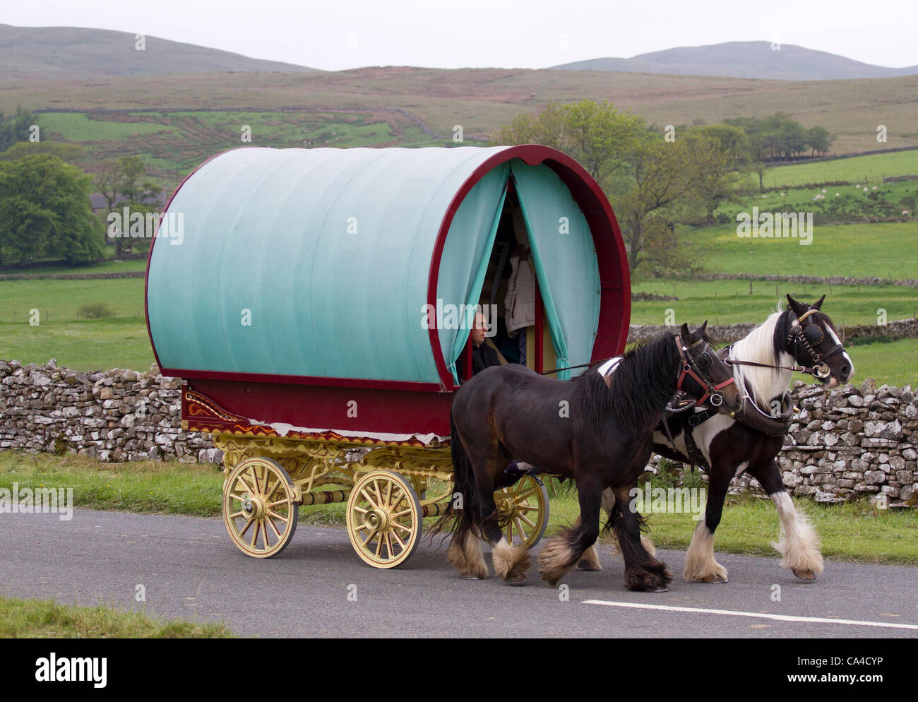 Martedì 5 giugno, 2012: Zingari viaggiatori con prua carro superiore in rotta alla fine cadde, York. Un viaggiatore che frequentano l'annuale Appleby Horse Fair, Cumbria, Regno Unito Foto Stock