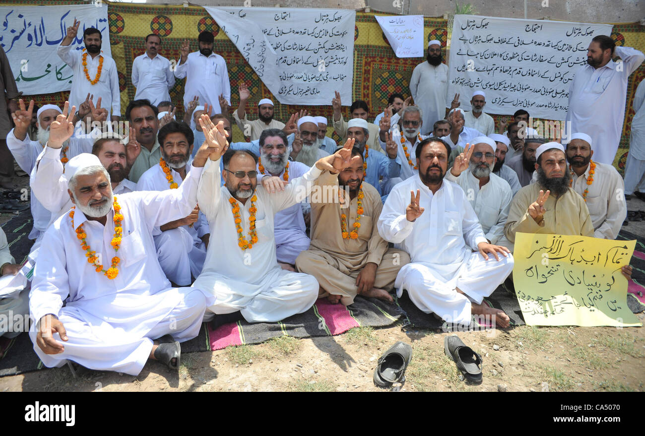 I dipendenti del reparto diverso inscenato una protesta di fronte Khyber-Gruppo pakhtunkhuwa venerdì sotto il banner di tutti i dipendenti al consiglio di coordinamento. I dipendenti hanno chiesto di attuare le proposte della retribuzione e della pensione in commissione a Peshawar Giugno 08, 2012 Foto Stock