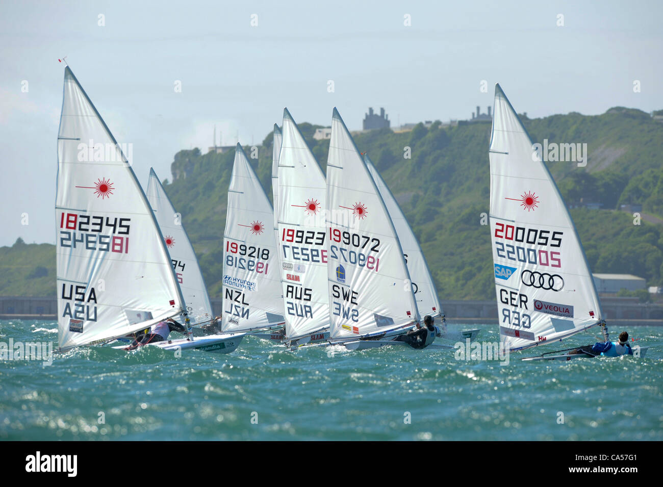 9.06.2012 Weymouth, Inghilterra. La Skandia Sail per oro regata. Uomini Laser, medaglia gara a Weymouth e Portland Bay. Foto Stock