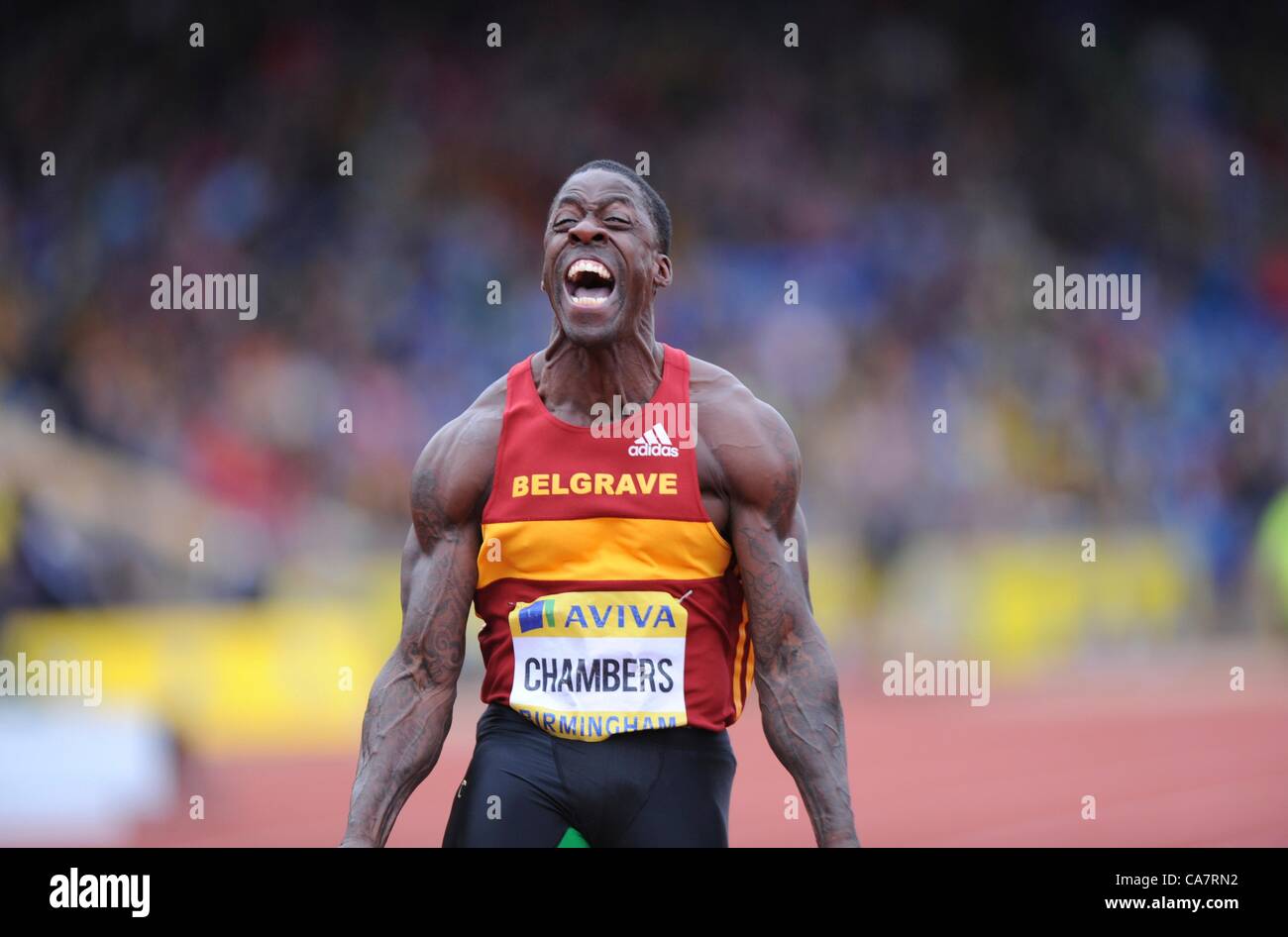 23.06.2012 Birmingham Inghilterra Dwain Chambers celebra il suo 100m vincere al Aviva prove a Alexandra Stadium. Foto Stock