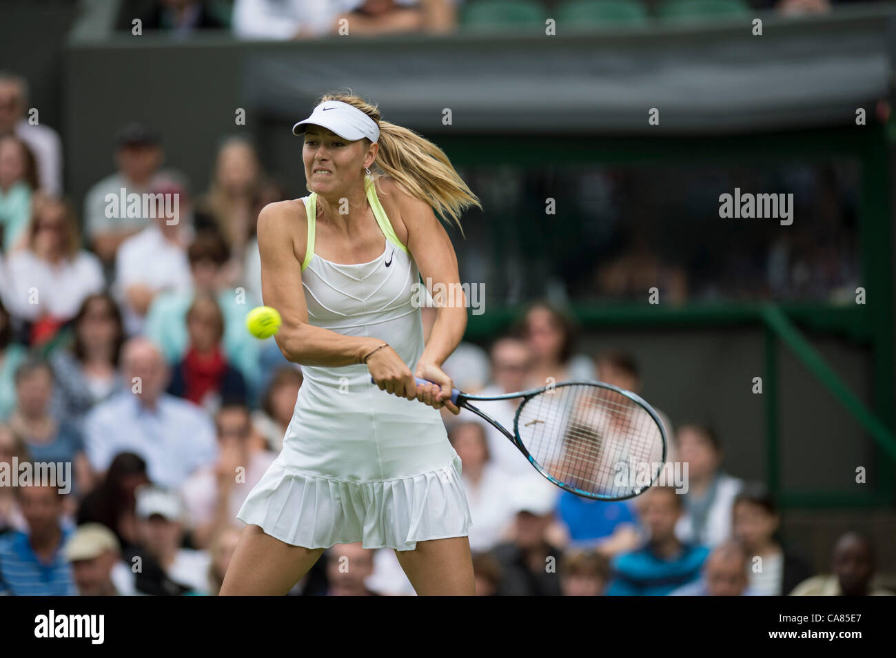 25.06.2012. Il torneo di Wimbledon Tennis Championships 2012 tenutosi presso il All England Lawn Tennis e Croquet Club di Londra, Inghilterra, Regno Unito. Maria Sharapova (RUS) [1] v Anatatasia Rodionova AUS. Maria in azione. Foto Stock