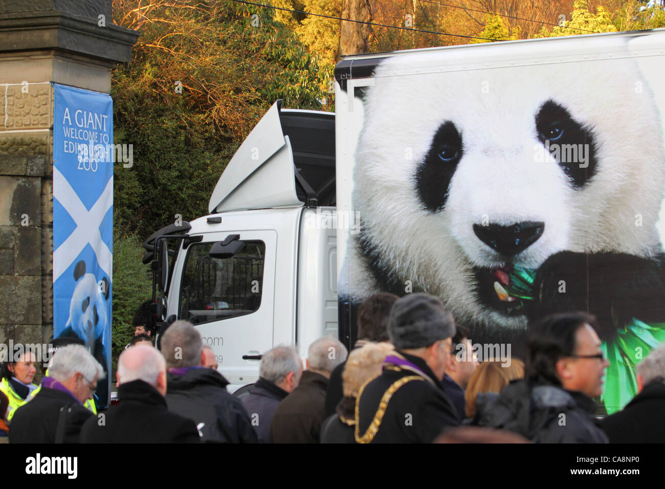 04/12/11 Panda Giganti arrivano presso lo Zoo di Edimburgo. Tian Tian e Yang Guang aka Sweetie e sole arriva a Edinburgh Zoo a un tradizionale benvenuto da una pipe band e i ragazzi della scuola media locale. Foto Stock