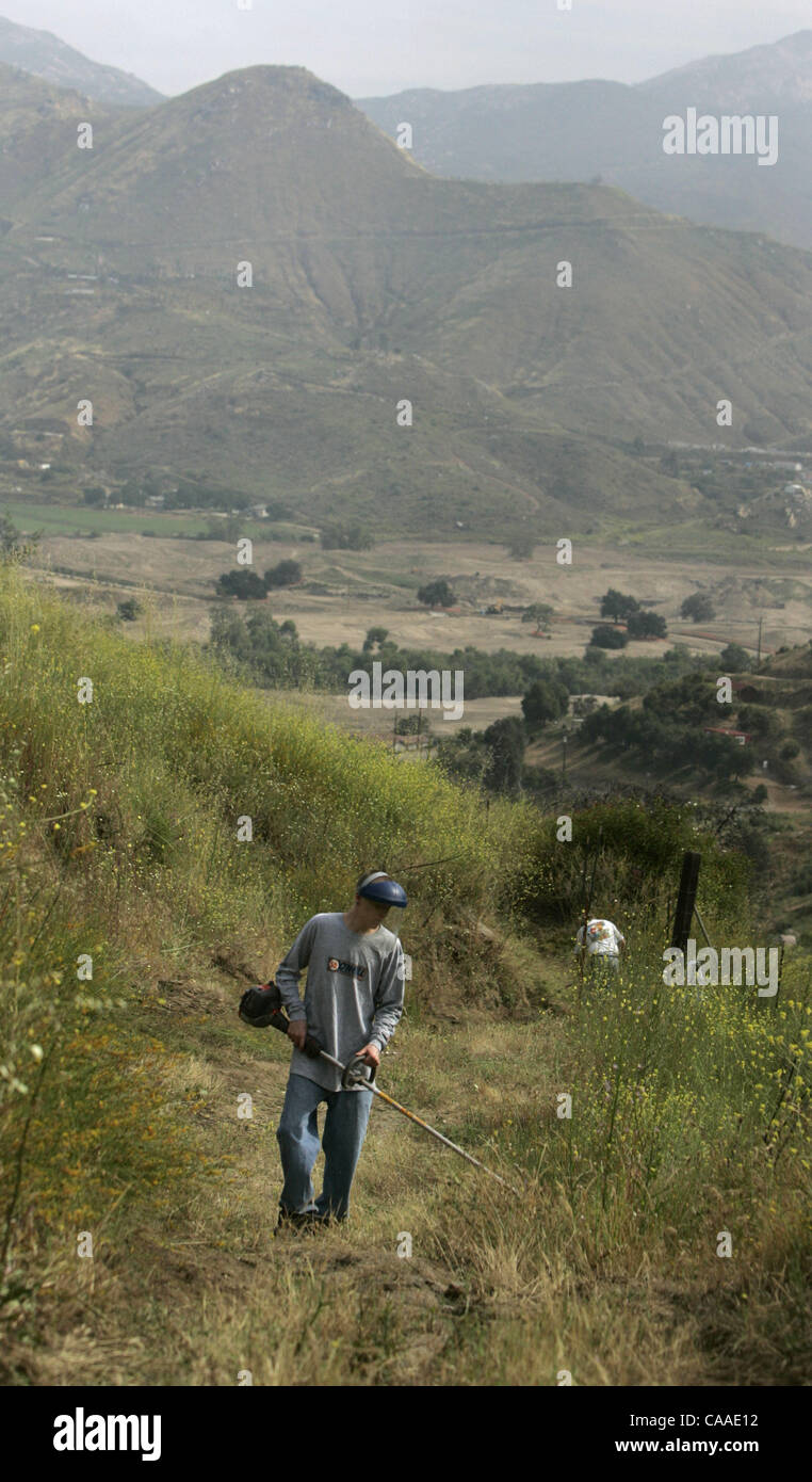 Holden Cook wacks erbaccia lungo il Pebble Creek Lane trail in fiore Valley. La contea si vuole collegare percorsi come questi ai molti altri sentieri ingrandendo l'intero sistema di escursionismo. Roni Galgano/Union-Tribune Foto Stock