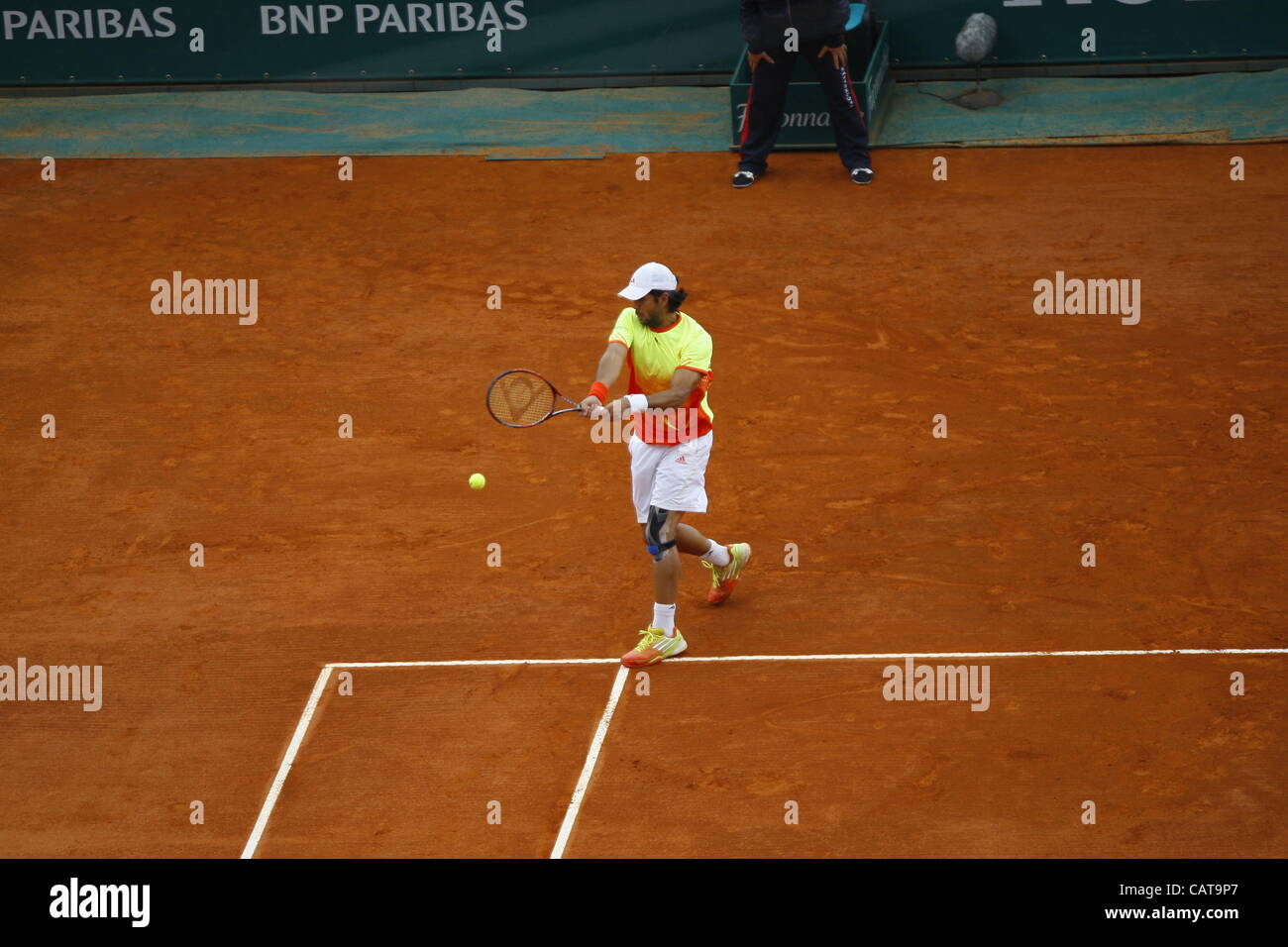 19.04.2012 Monte Carlo, Monaco. Fenando Verdasco(ESP) in azione contro Tsonga Jo-Wilfried (FRA) 3° Round Rolex Masters al Monte Carlo Country Club di Monaco. Foto Stock
