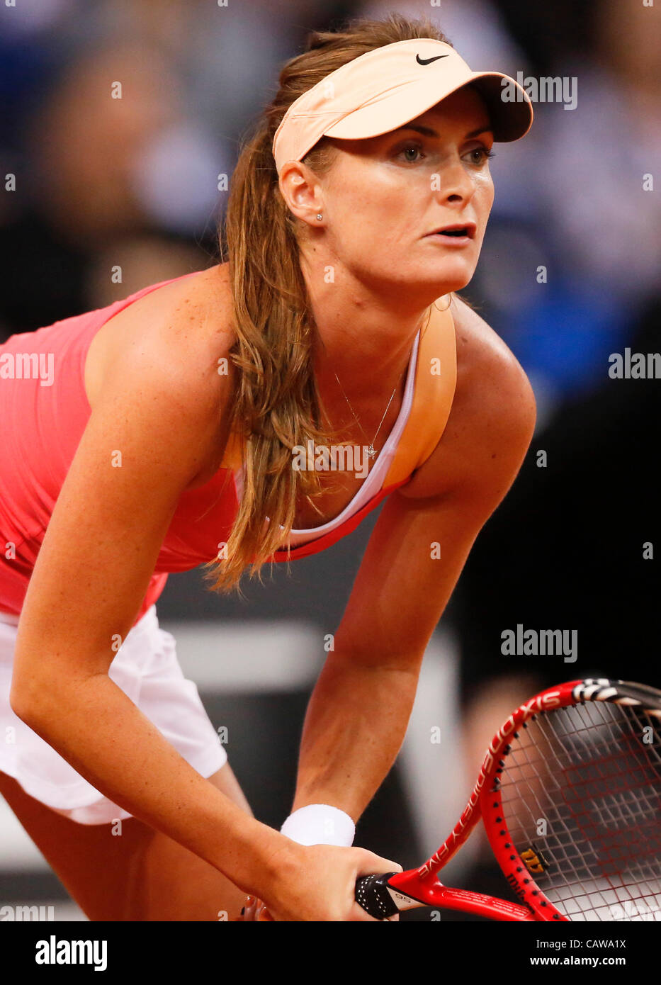 Iveta BENESOVA (CZE) Aktion Aufschlag, Ritratto, Kopf, Gesicht, Tennisball, Einzelbild beim Porsche Tennis Grand Prix Turnier di Stoccarda, Deutschland, am 24.04.2012 Foto Stock