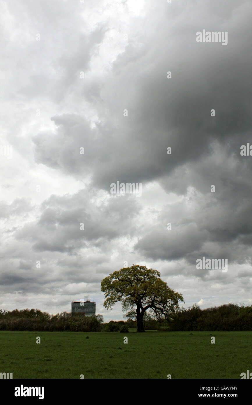 Come le docce aprile continuare in tutta la Gran Bretagna, più le tempeste a Tolworth Corte Agriturismo, verde terra della cinghia nella zona sud-ovest di Londra, Inghilterra, Regno Unito Foto Stock