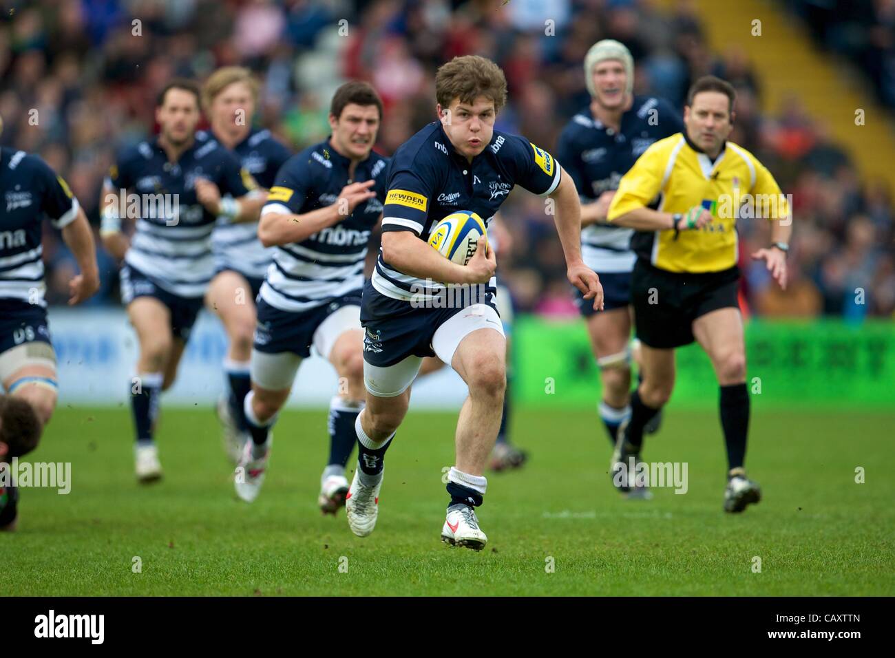 05.05.2012 Stockport, Inghilterra. L'ala inglese sarà Addison in azione durante la Aviva Premiership match tra vendita squali v Harquins. L'ultimo gioco per essere giocato al Parco Edgely. Foto Stock