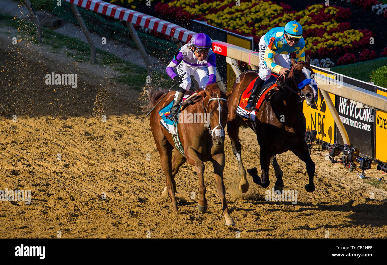 19.05.2012. Baltimore, Maryland, Stati Uniti - Avrò un altro( n. 9, tappo porpora), jockey Mario Gutierrez a bordo, vince il Preakness Stakes di agguantare la seconda gamba della tripla corona a Pimlico Race Course il 19 maggio 2012 Foto Stock