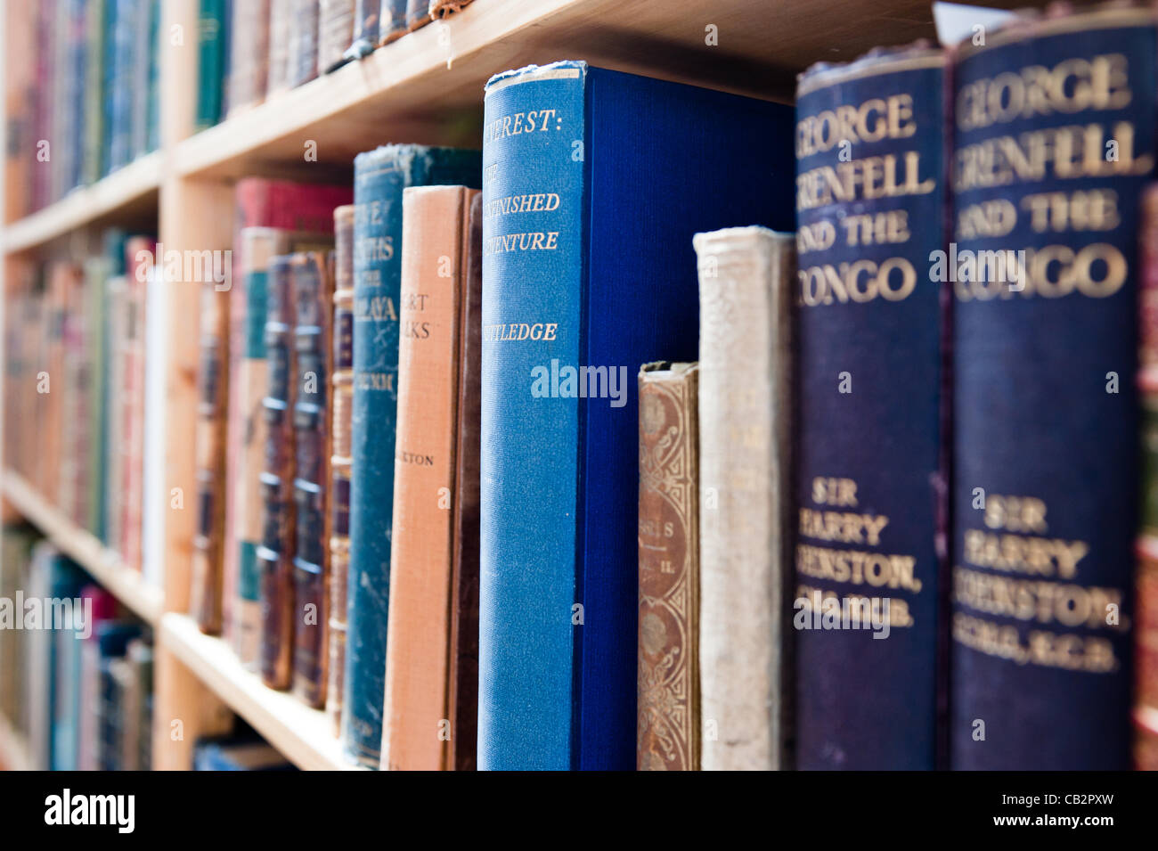 LONDON, Regno Unito - 25 Maggio 2012: antichi libri su uno scaffale nella 55a Londra antiquario internazionale Salone del libro, la più antica Fiera del libro nel Regno Unito, presso il Centro Espositivo di Olympia su 24-26 maggio Foto Stock