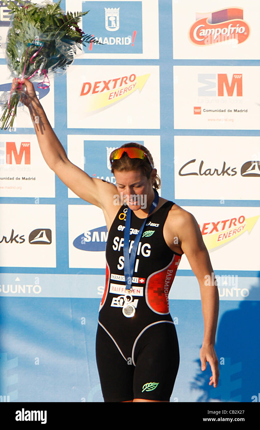 ITU World Series - Casa de Campo, Madrid - Podio Nicola Spirig (centro) vincitore Foto Stock