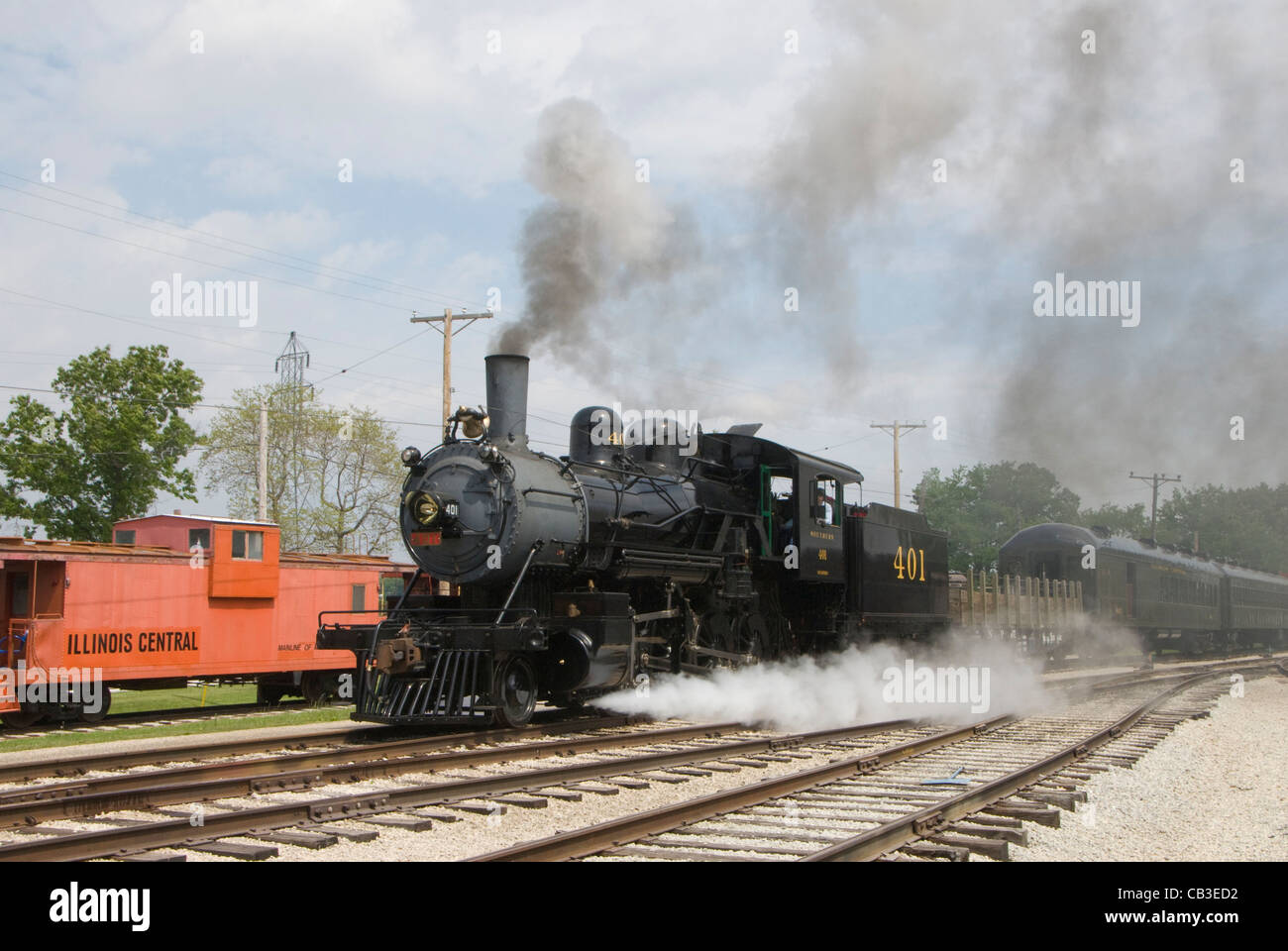 Southern 2-8-0 locomotiva a vapore numero 401, costruito nel dicembre 1907, a Monticello Railway Museum, Illinois, Stati Uniti d'America Foto Stock