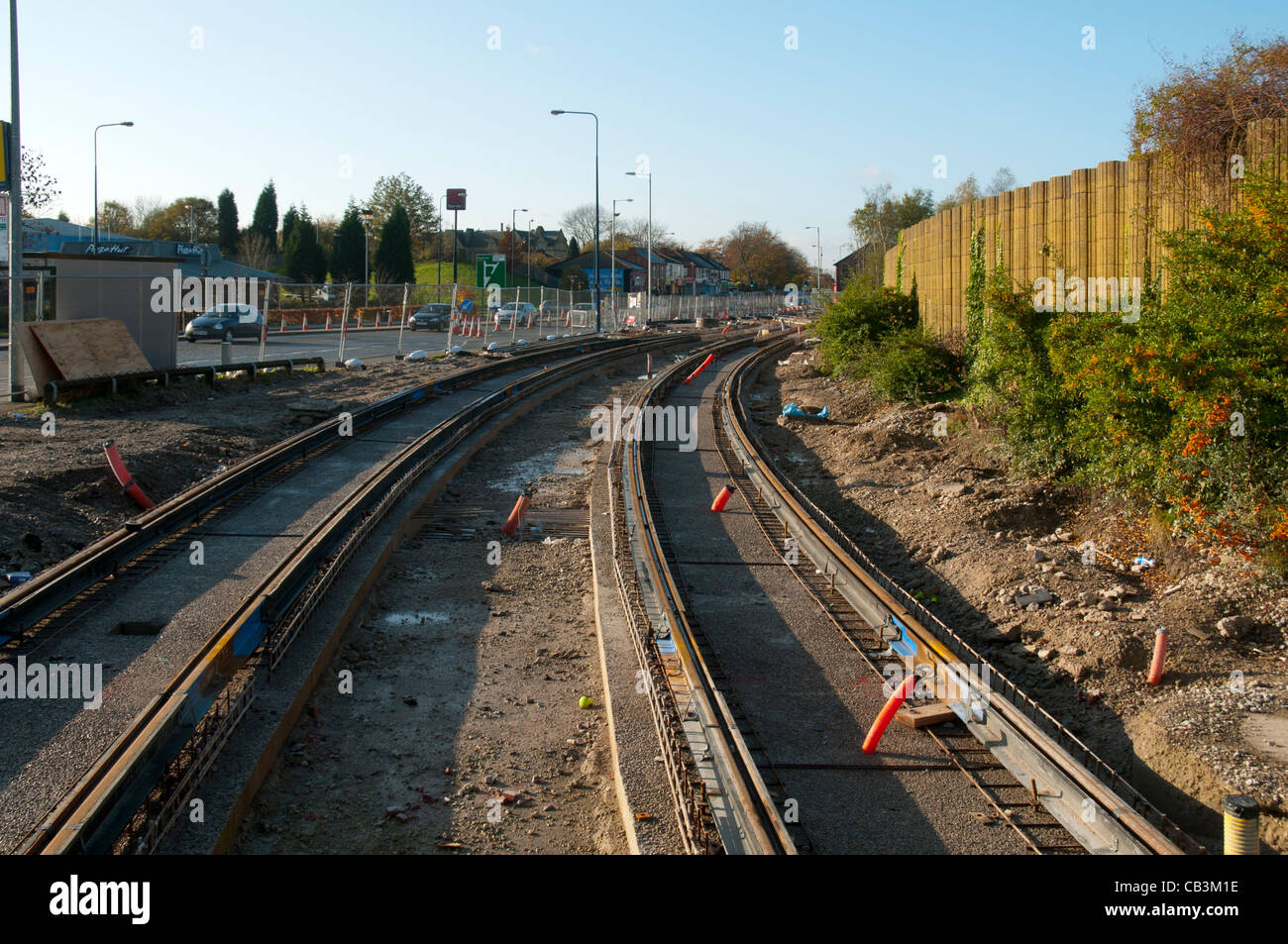 La East Manchester linea del tram Metrolink system in costruzione. Audenshaw, Tameside, Manchester, Inghilterra, Regno Unito Foto Stock