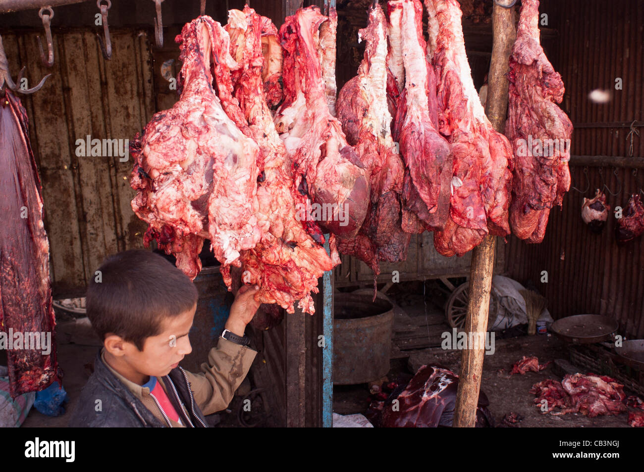 Un ragazzo lavora in un negozio di macellaio a Kabul, Afghanistan, Ottobre 2004 Foto Stock