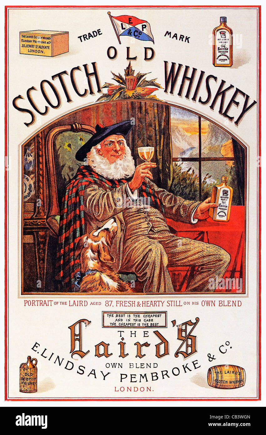 Il vecchio Lairds Scotch Whisky, tardo poster in stile vittoriano, con la Laird invecchiato 87, fresca e abbondante ancora sul suo whisky mescolato Foto Stock