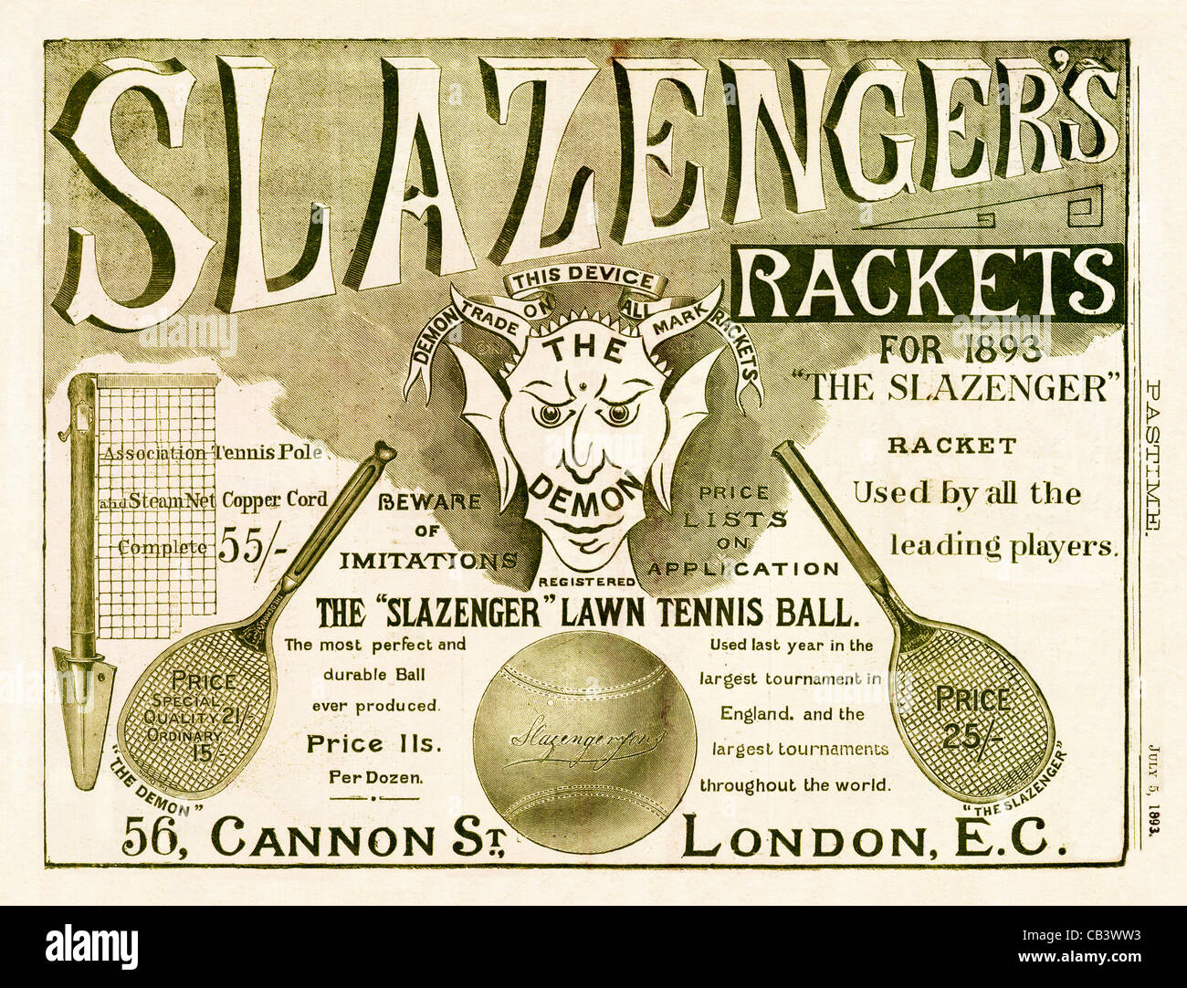 Slazenger Demon Tennis, 1893 Victorian annuncio per Slazengers racchette e palline da tennis, utilizzato da tutti i protagonisti Foto Stock