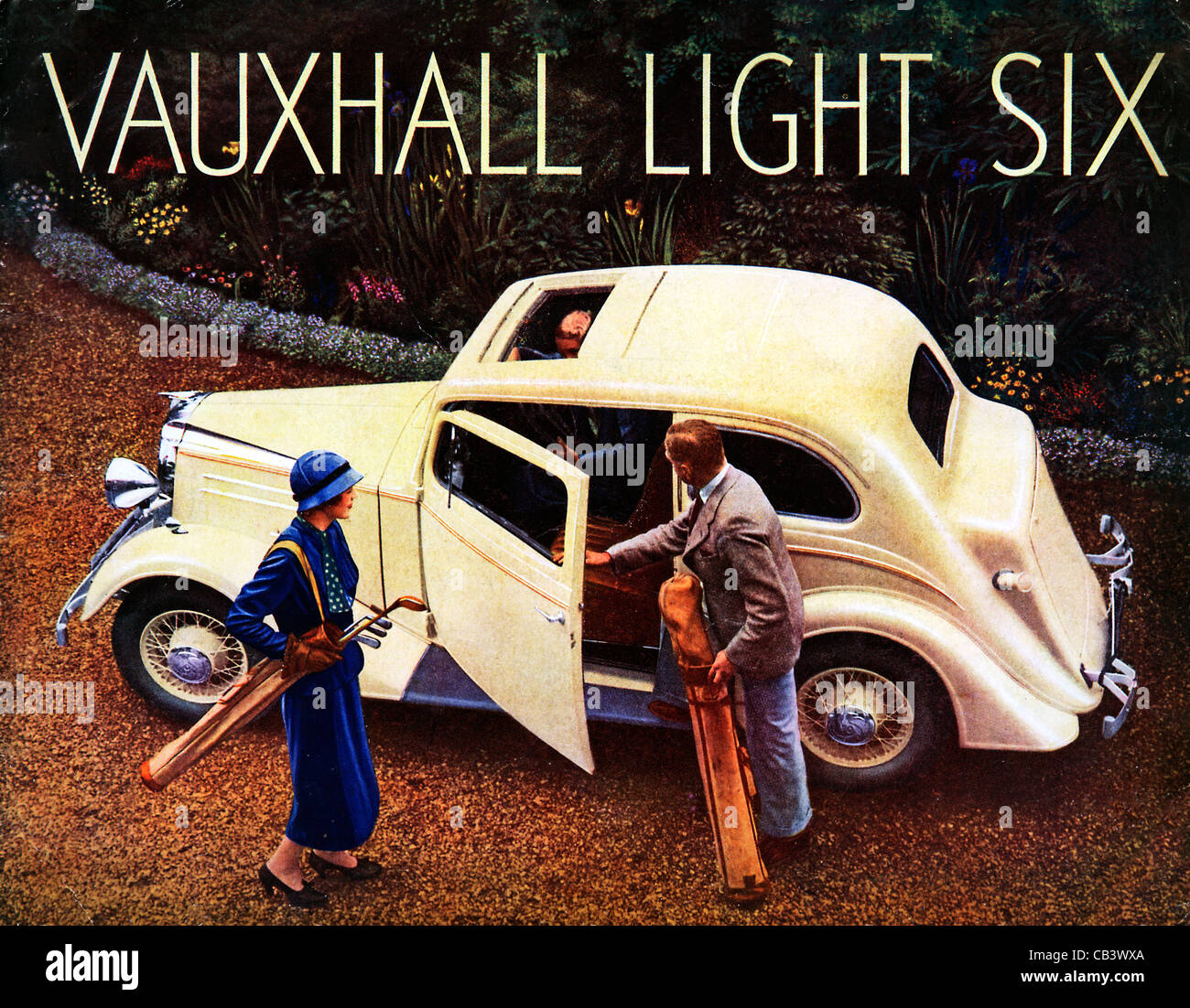 Luce di Vauxhall sei, 1936 rivista inglese annuncio pubblicitario per la lingua inglese auto off a golf presso il club Foto Stock