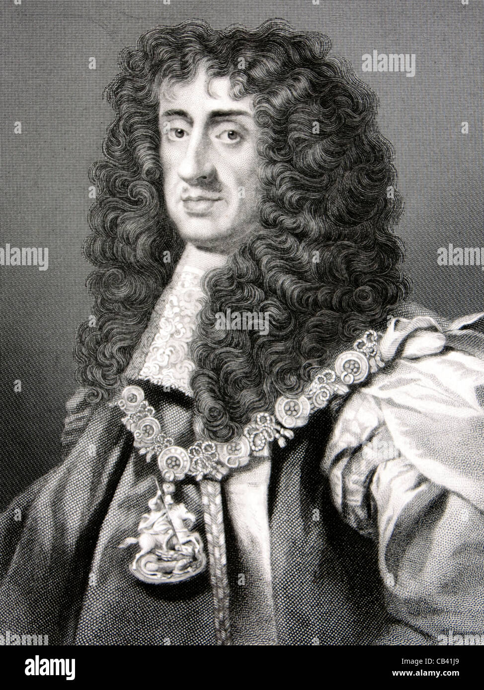 Antica incisione di re Carlo II (1630-1685), re d'Inghilterra, di Scozia e Irlanda Foto Stock