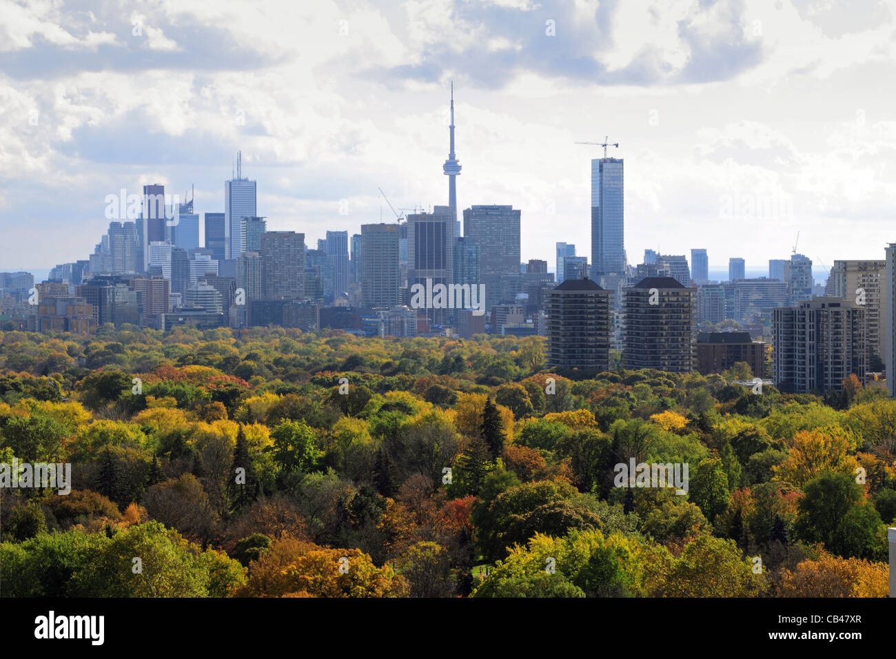Toronto Downtown skyline con gli alberi di Mount Pleasant Cemetery in primo piano Foto Stock