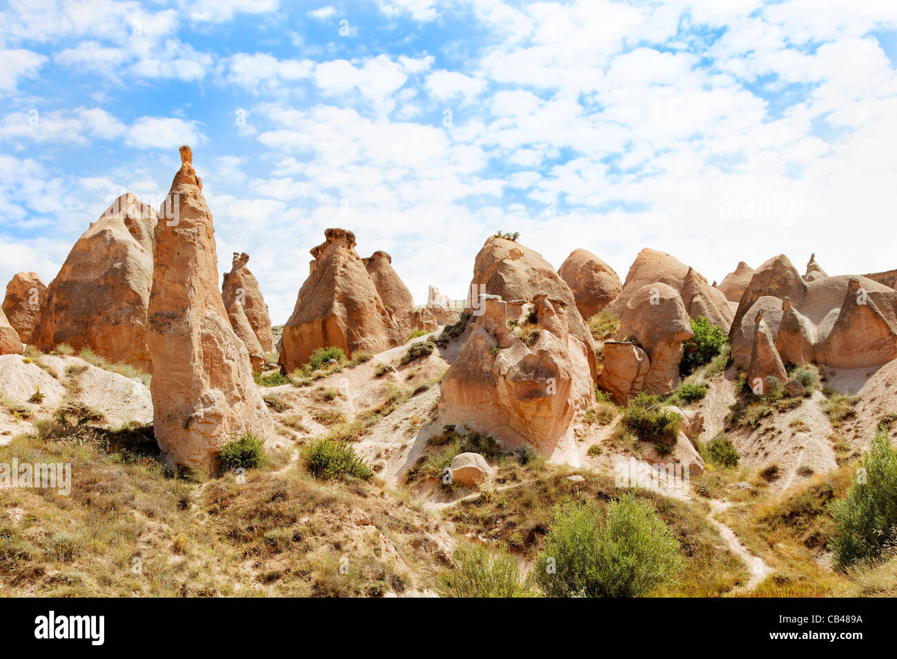 Ricco scenario colorato in Cappadocia rurale di statua come formazione di roccia tramite evoluzione con capra sentieri nel deserto Foto Stock
