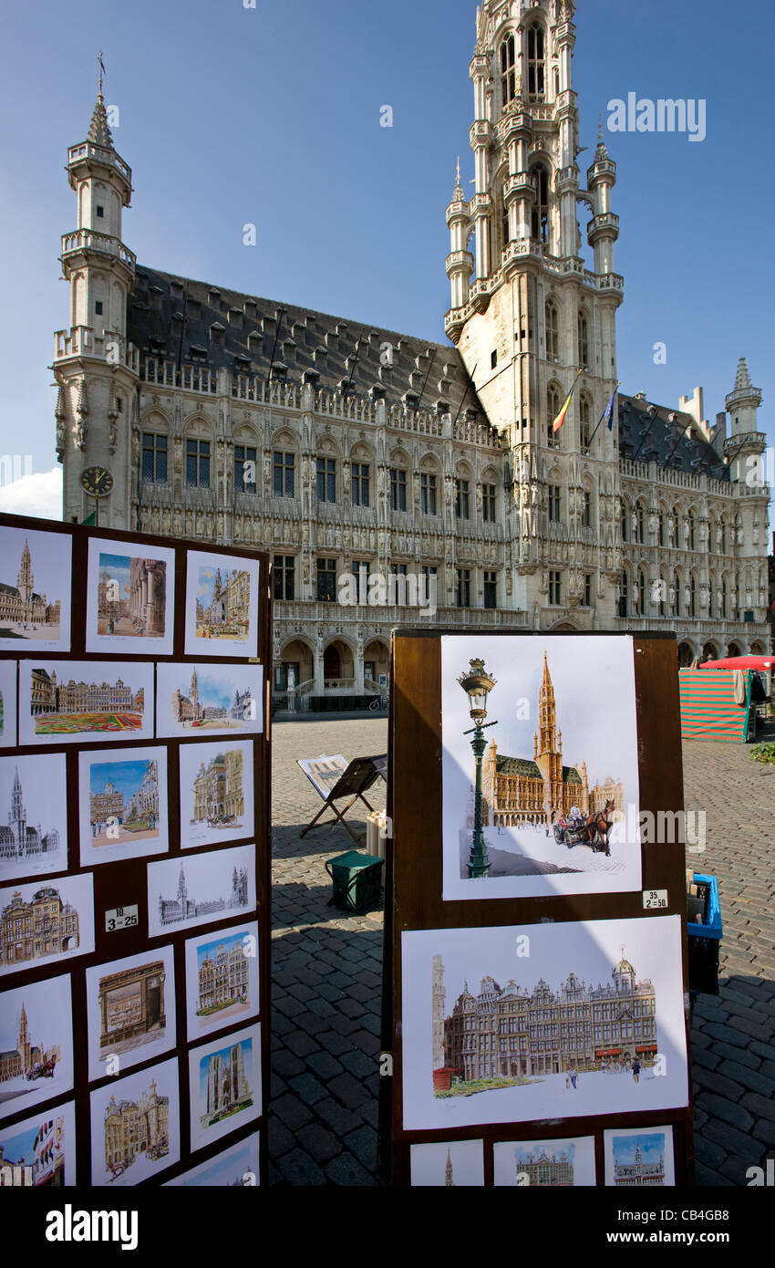 Disegni della città di Bruxelles e Municipio presso la Grand Place / Grote Markt, Belgio Foto Stock