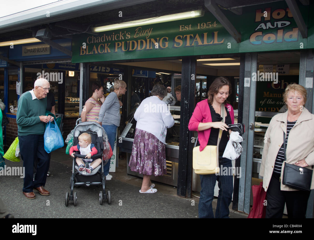 Chadwicks Black Pudding stallo a seppellire Market Foto Stock