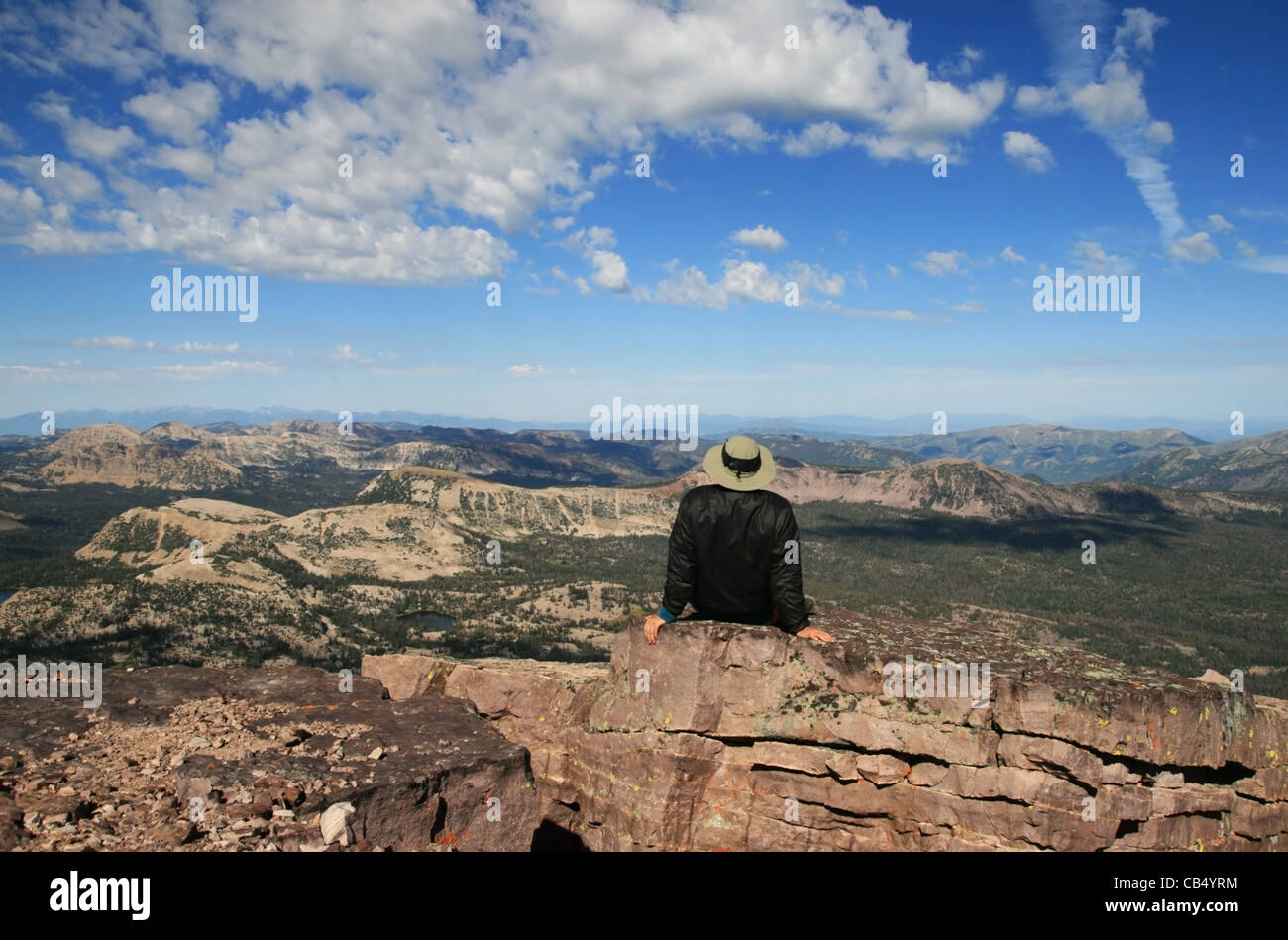 Un uomo si gode della vista delle montagne Uinta dalla vetta del Monte Hayden, Utah Foto Stock