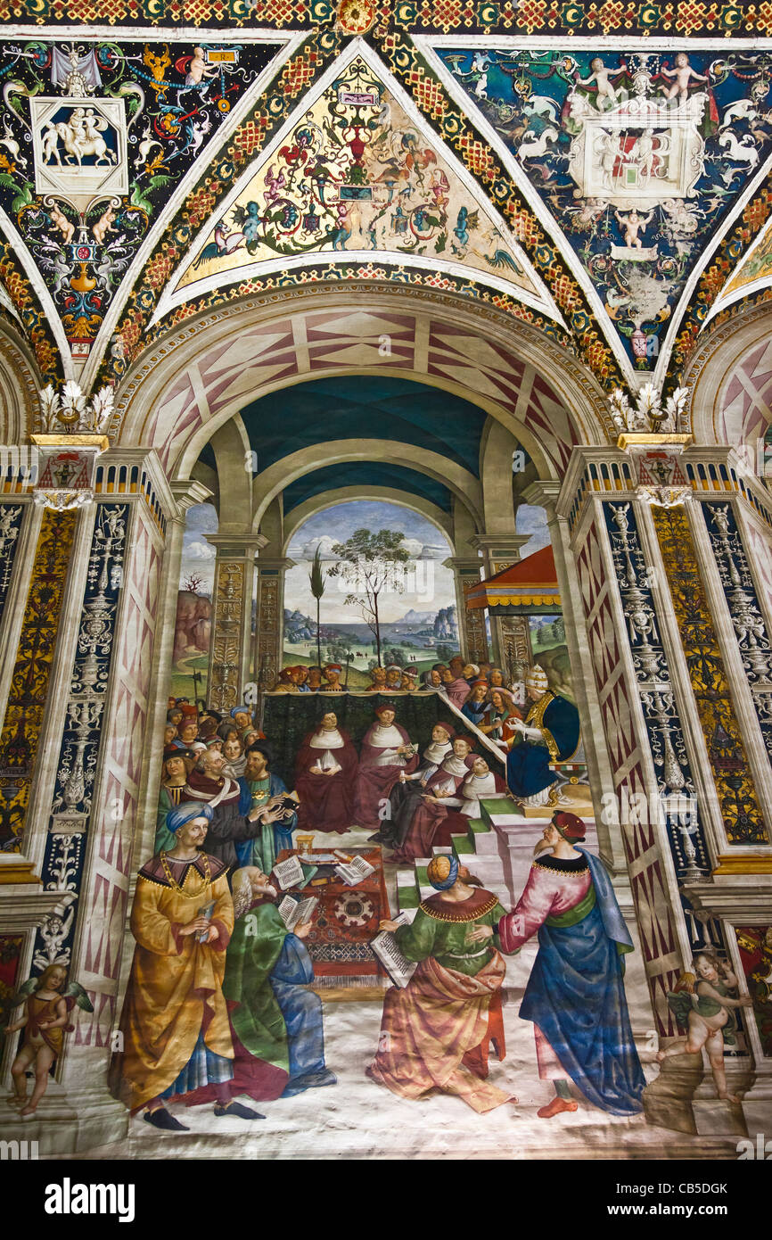 Affresco 8: "Papa Pio II al congresso di Mantova" del Pinturicchio nella Libreria Piccolomini, Duomo di Siena, Toscana, Italia Foto Stock