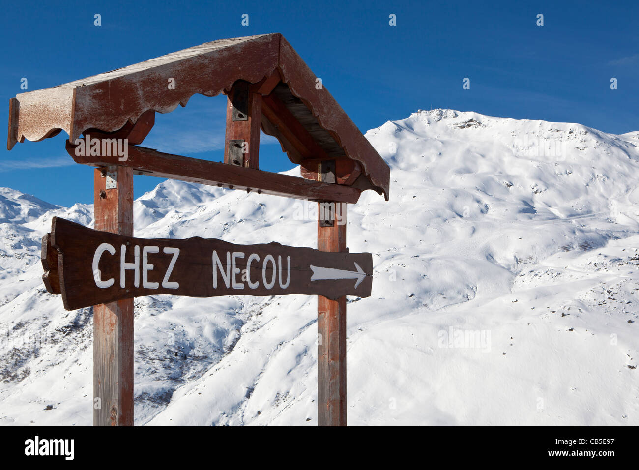 Rifugio di montagna sign in Trois Vallees, Les Menuires, Savoie, Francia. Foto Stock