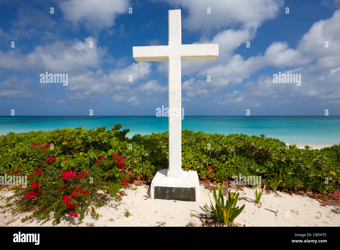 Approdo monumento, San Salvador, Bahamas, dei Caraibi Foto Stock