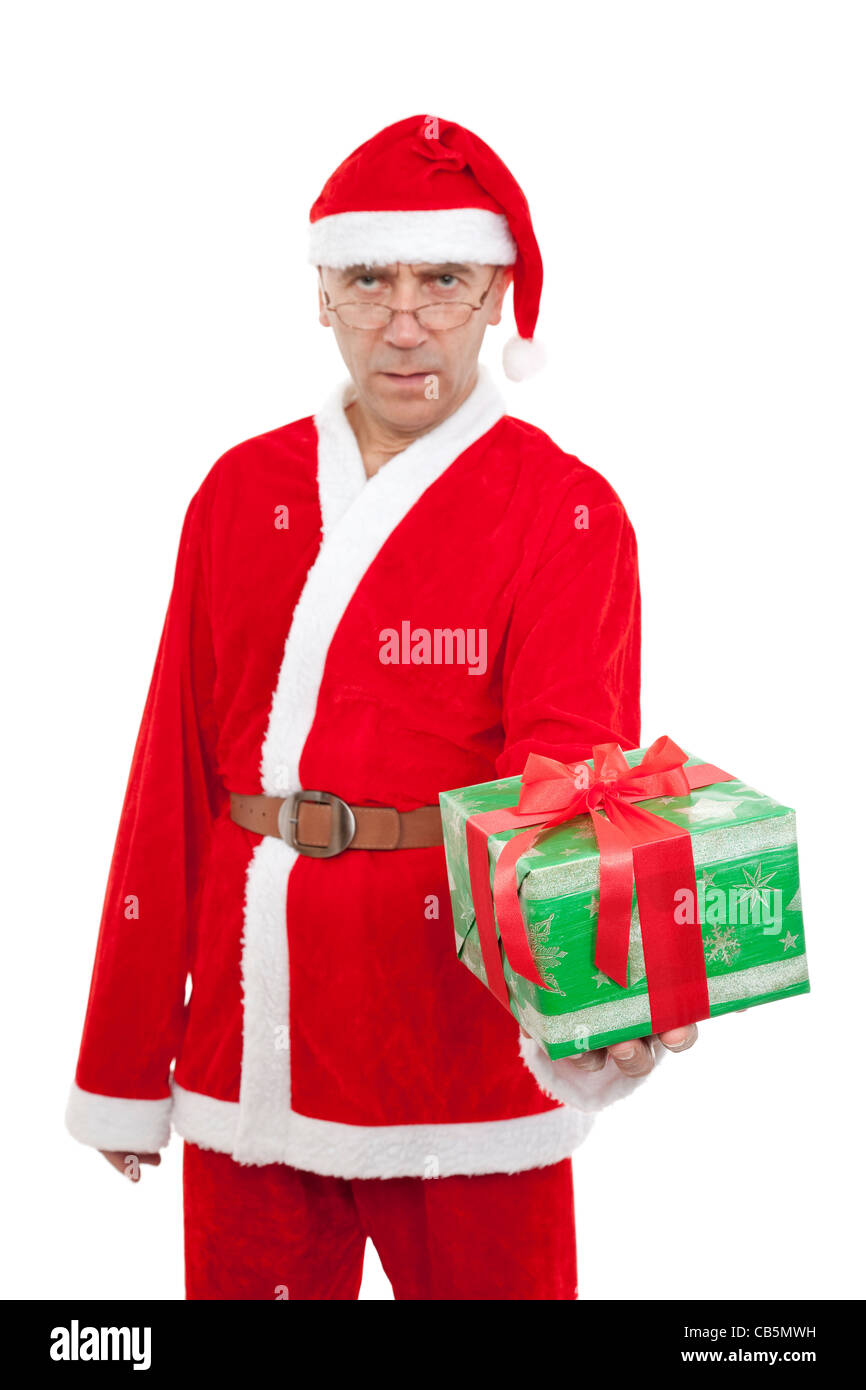 Babbo Natale con Natale regalo su bianco Foto Stock