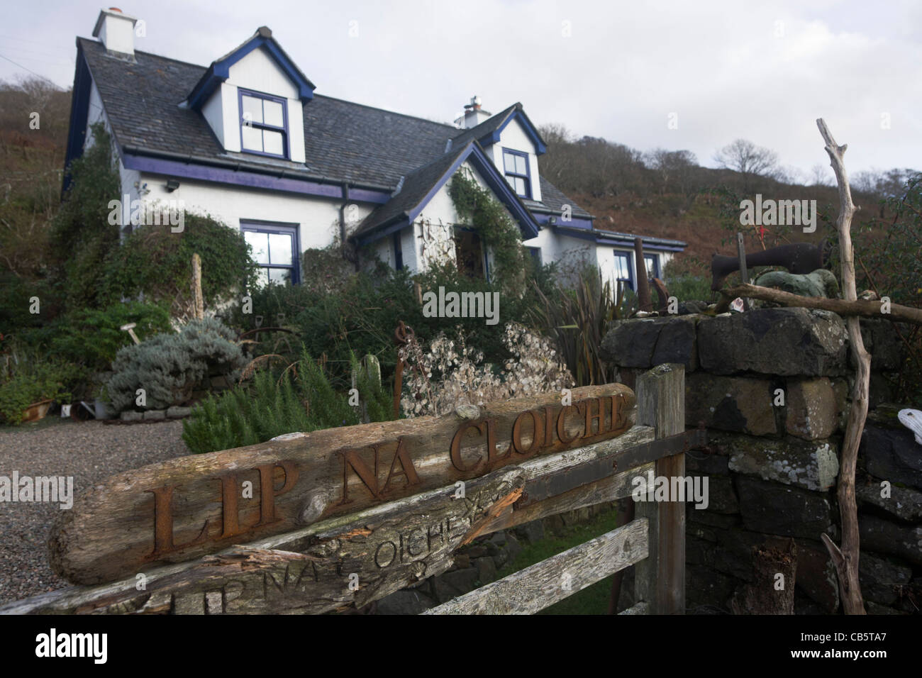 Labbro na Cloiche, un giardino negozio di arti e letto matrimoniale + colazione cottage gestito da Lucy McKenzie, nei pressi di Ulva traghetto, Isle of Mull, Scozia. Foto Stock