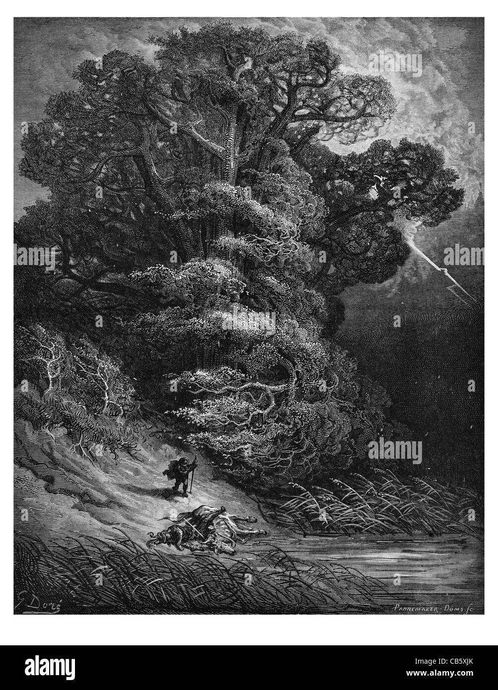 Fontaine Le Chene et le roseau la quercia e il Reed morte cavallo Cavaliere tempesta di alleggerimento foresta fiume stagno reeds thunder morti Foto Stock