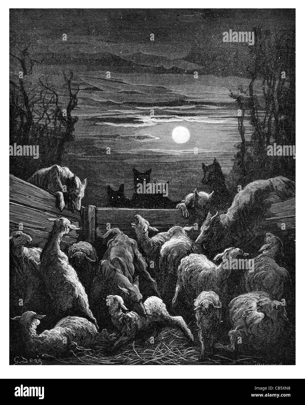 Fontaine Les Loups et Les Brebis Lupi e pecore predatore preda di uccidere la caccia la caccia morto di morte di mordere claw bestia selvaggia farm Foto Stock