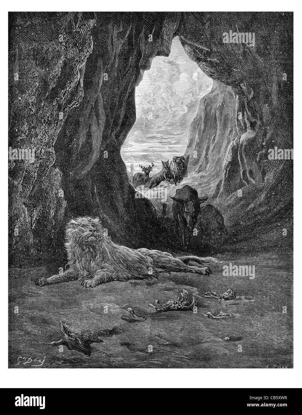 Fontaine Le lion et le renard ossa predatore preda Stag Cervo capra agnello di pecora asino grotta morte ucciso killer cavern Foto Stock