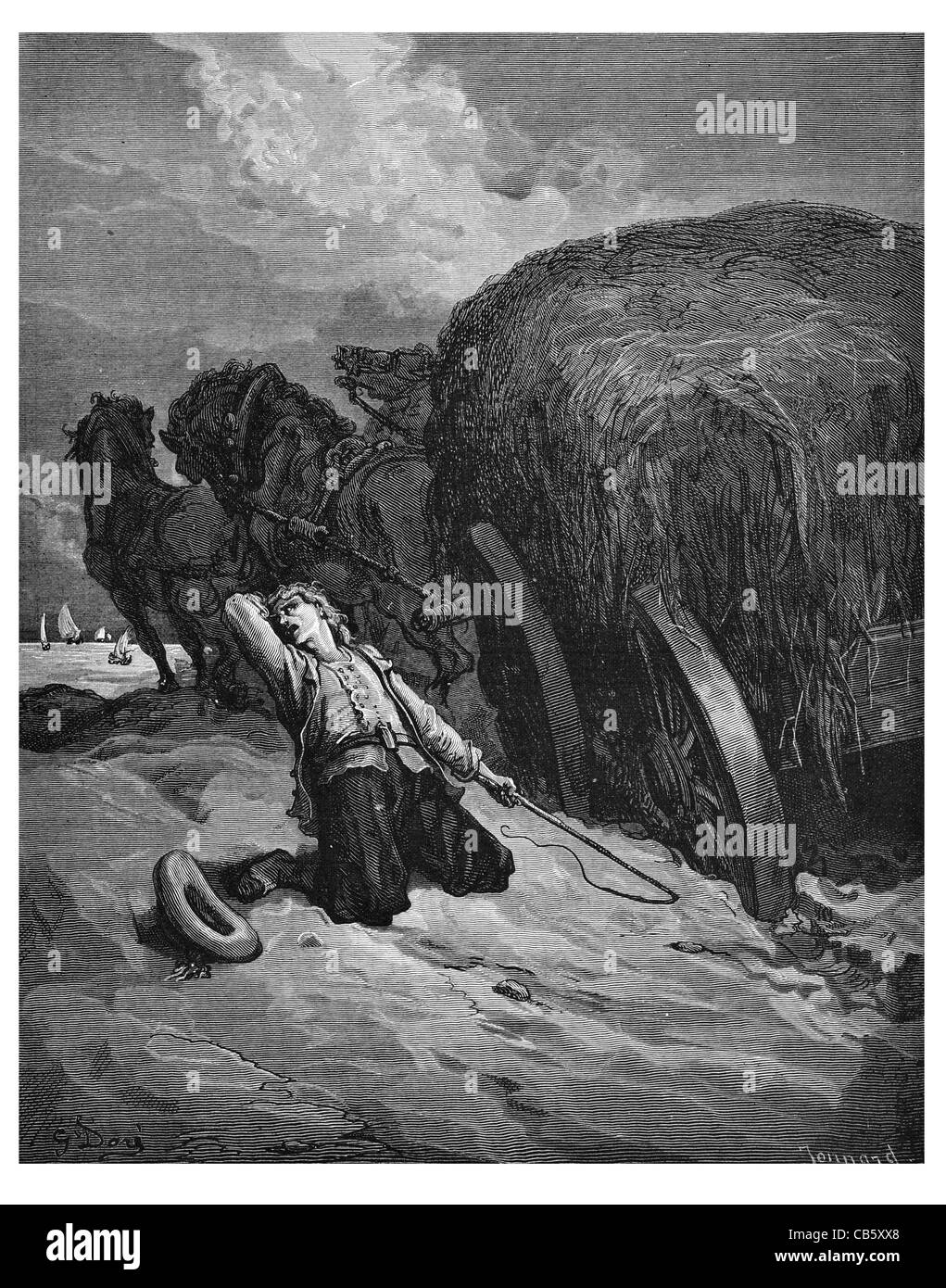 Fontaine Le Chartier Embourbe Il Chartier bloccato carro trainato da cavalli carro carrello frusta spiaggia mare merchant balle di paglia scambi Foto Stock