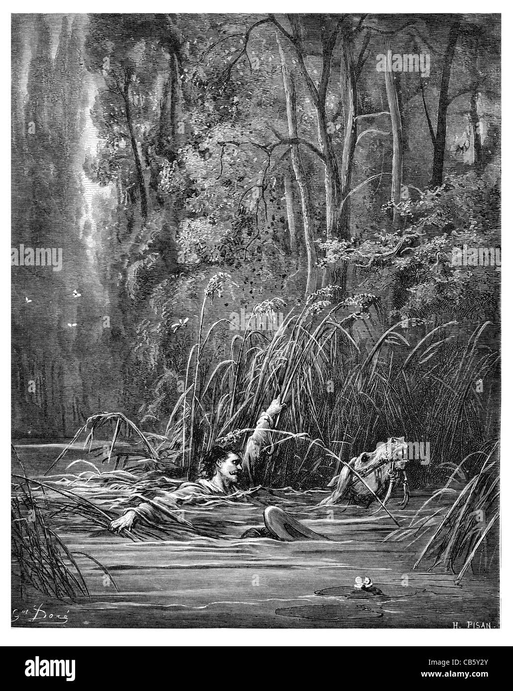 Fontaine Le torrent et la riviere annegato annegare annegamento equitazione attraversando il disaster incidente morte giglio boschi della Foresta rescue Foto Stock