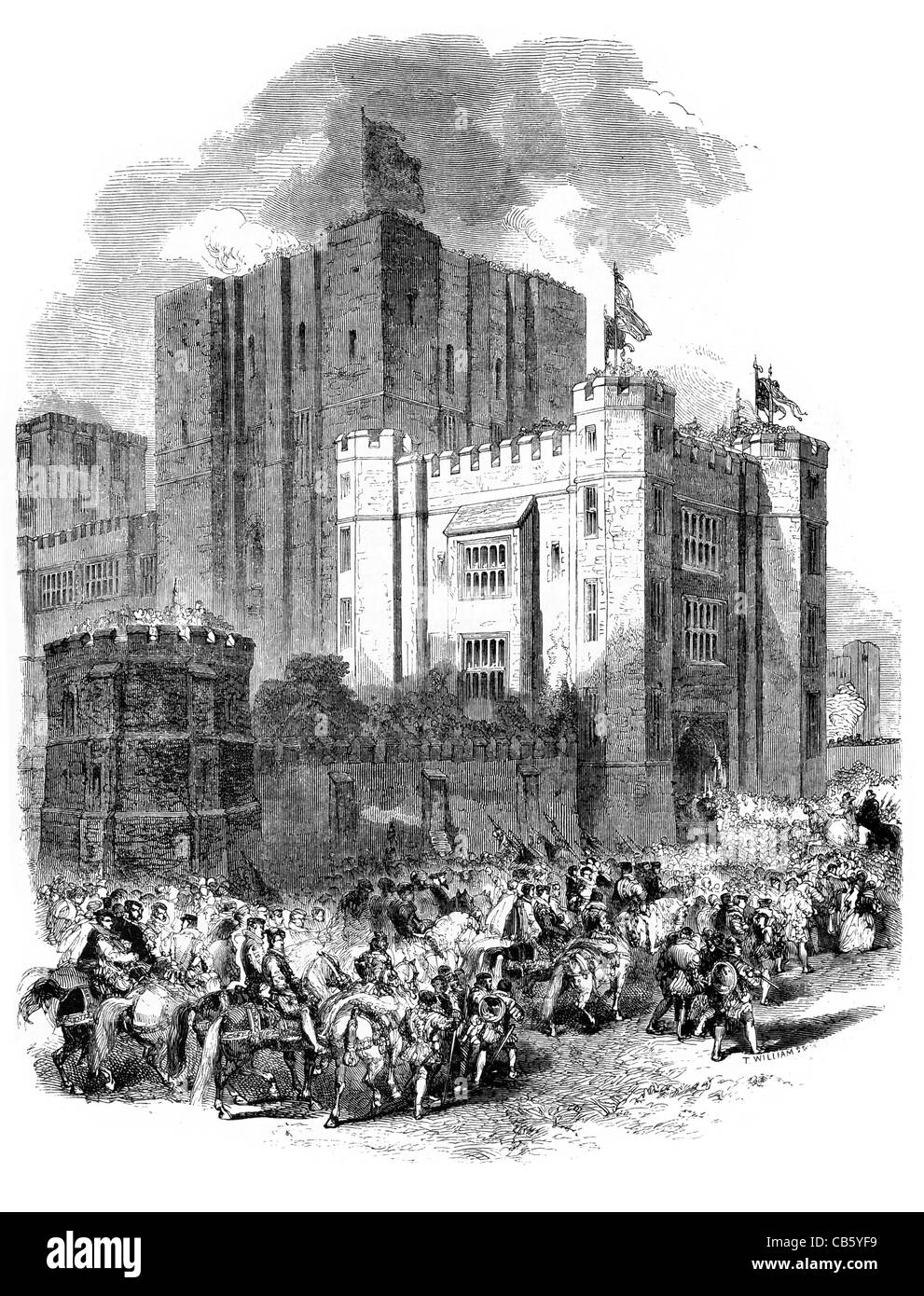 Queen Elizabeth cavalcata Cavalieri Kenilworth Castle 9 luglio 1575 Warwickshire Inghilterra Norman Tudor Foto Stock