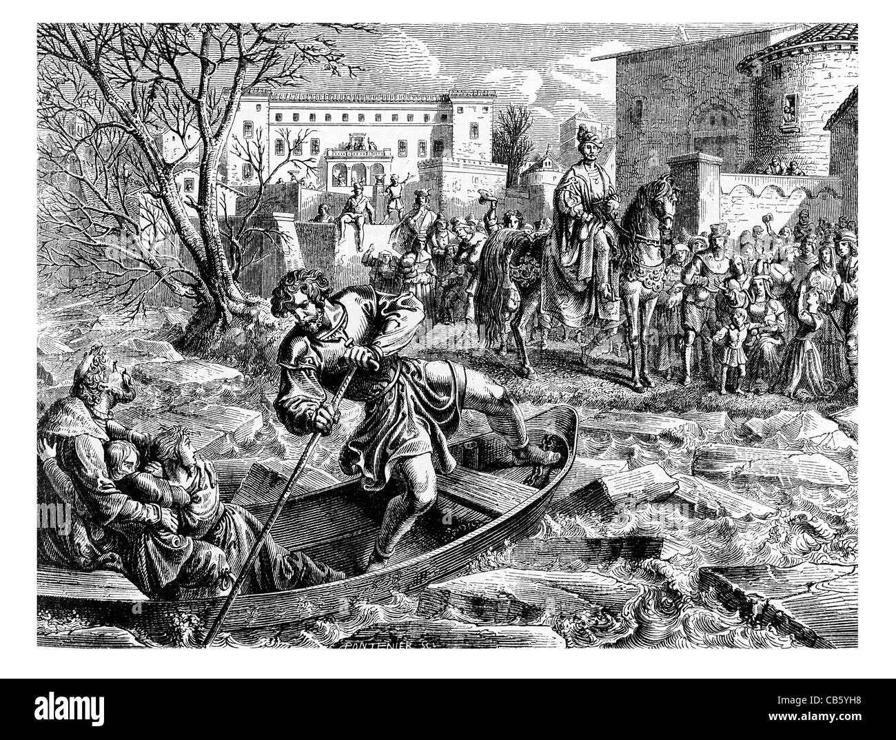 La famiglia liberato quasi alla riva di Schiller uomini coraggiosi barca a remi paddle royal royalty re regal Imperiale regio sovrano Foto Stock