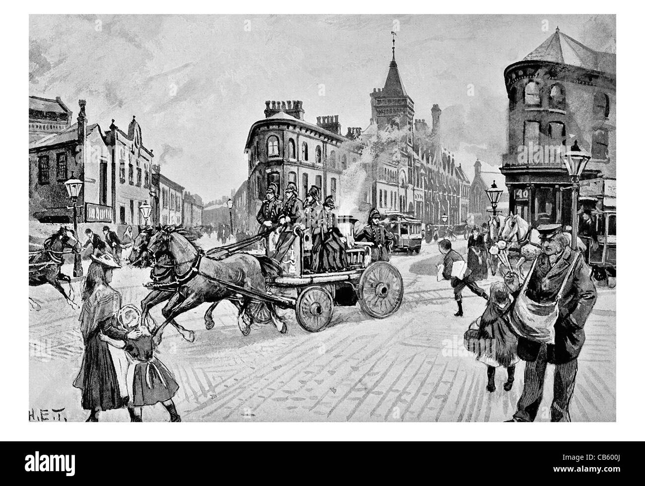 La giunzione Hulme una chiamata a fuoco alto Jackson Street School di Sfondo Cavallo e camion dei pompieri carro cannone ad acqua Foto Stock