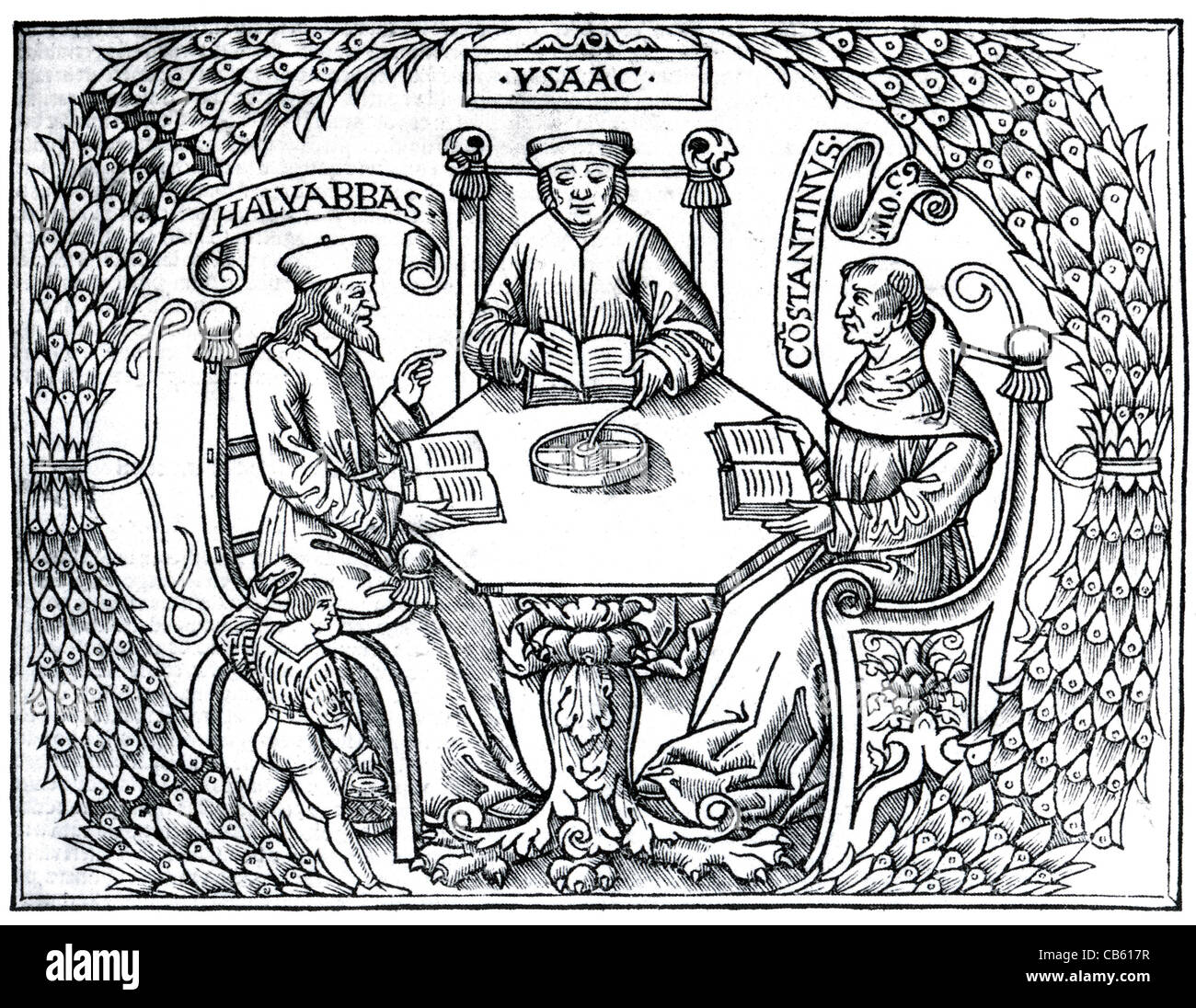 Medicina medievale illustrazione francese pubblicato 1515 mostra da sinistra ebraica e araba e cristiana medici Foto Stock