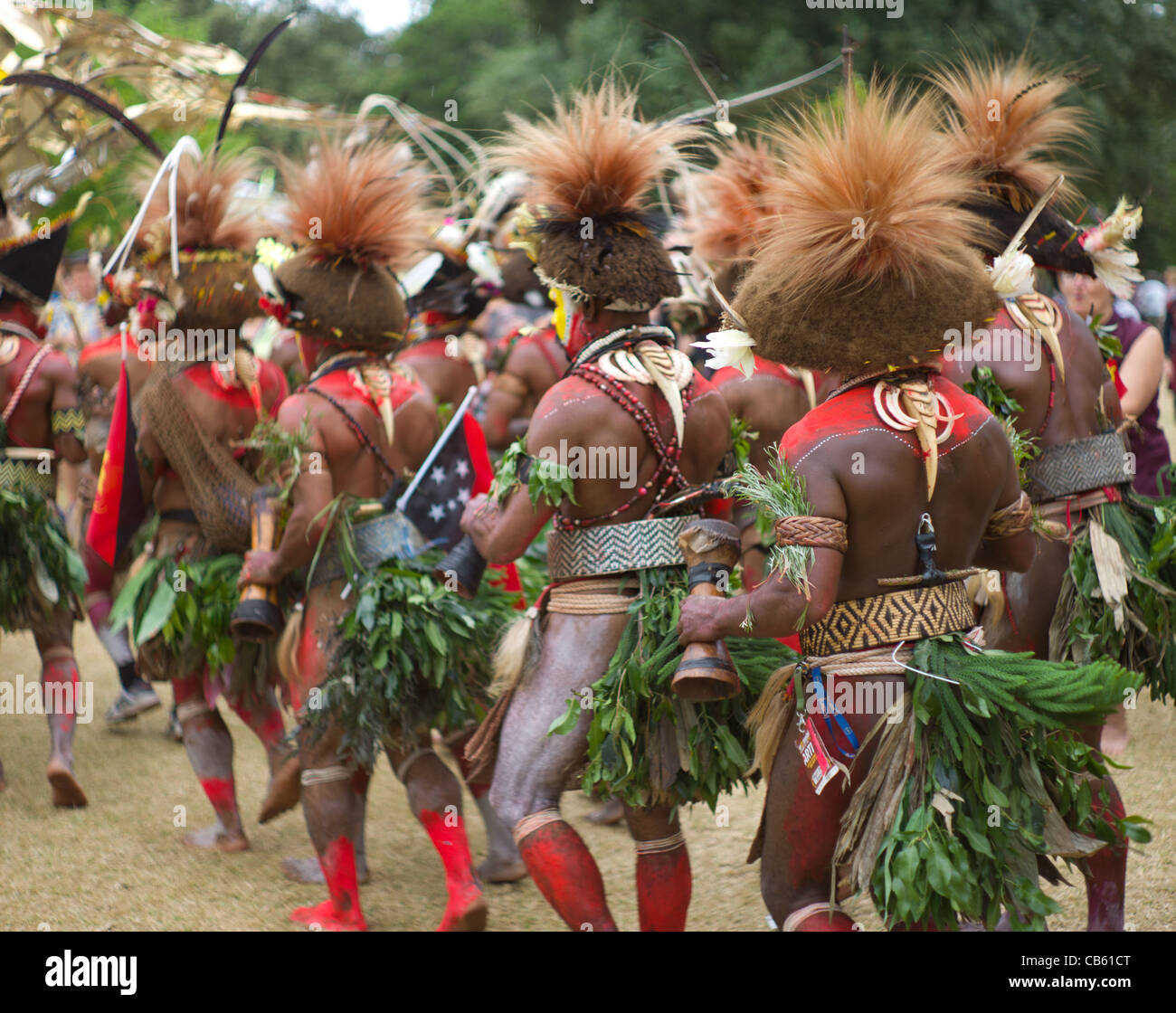 Papua Nuova Guinea Tribal Highland uomini eseguono del festival Womad parrucca uomini Foto Stock