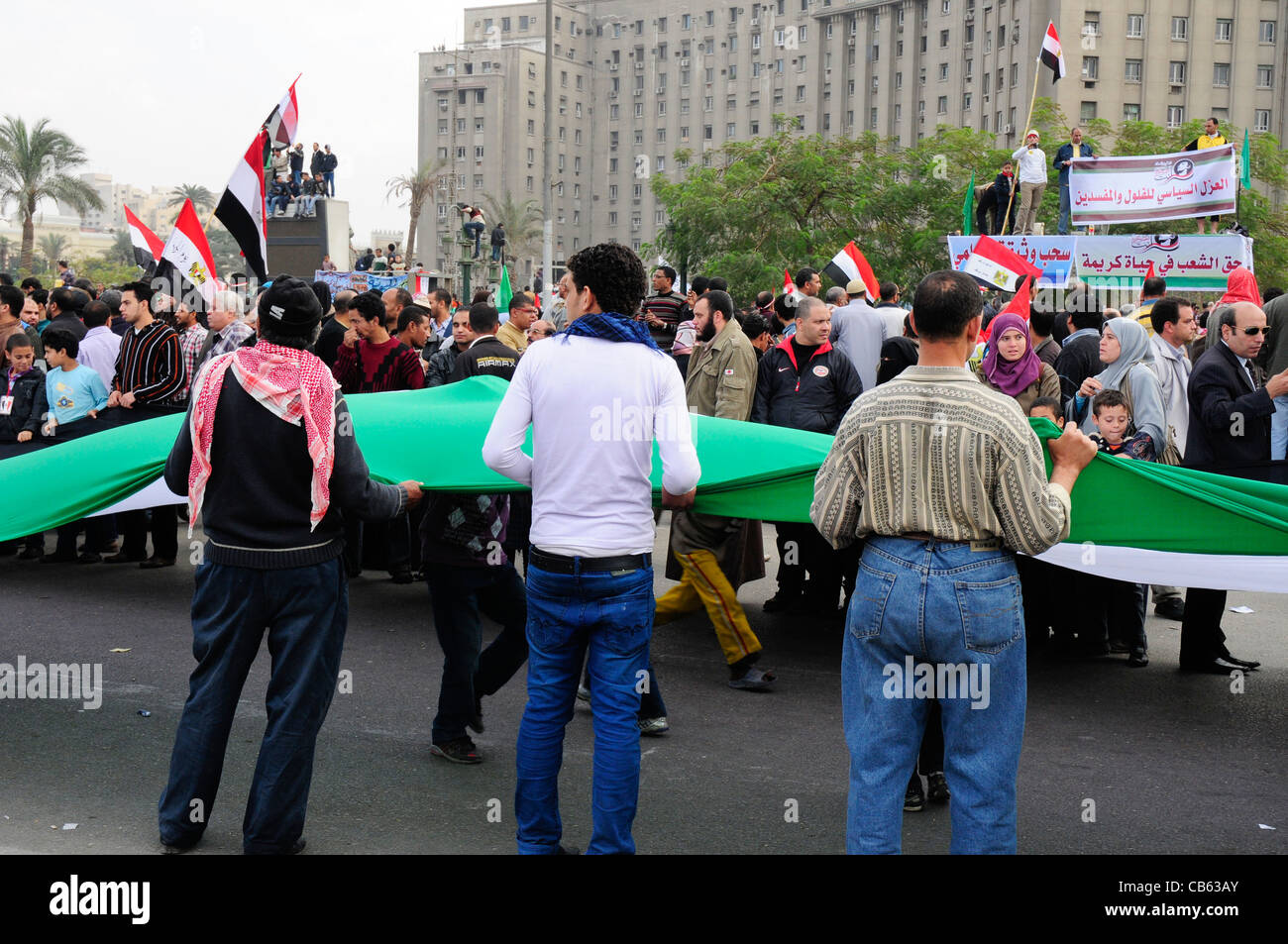 I manifestanti di tenere un gigante bandiera araba durante le dimostrazioni pacifiche in piazza Tahrir al Cairo, Novembre 2011 Foto Stock