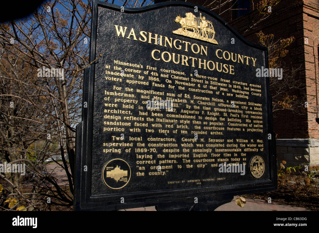 Segno per il Washington County Courthouse in Stillwater, Minnesota Foto Stock