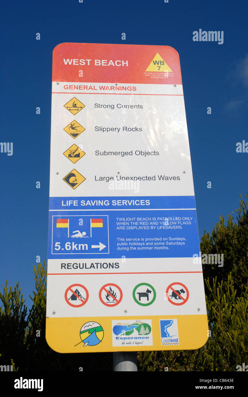 Avvertenze generali e regolamenti segnaletica a West Beach, Espereance, Australia occidentale, Australia Foto Stock