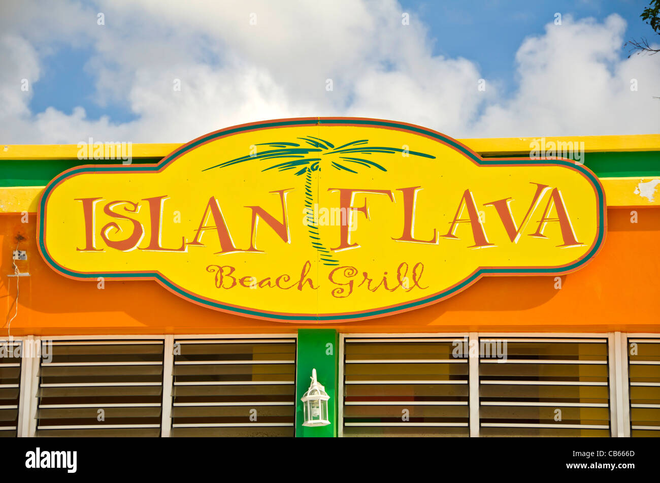 Islan Flava restaurant sign su Front Street in Philipsburg, St Maarten Foto Stock