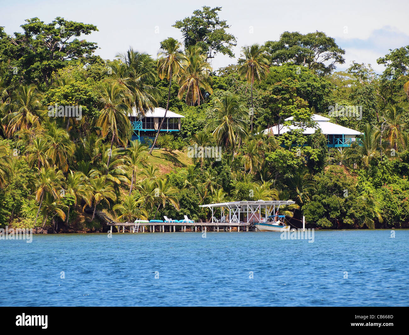 Caraibi case con alberi di noci di cocco nell arcipelago di Bocas del Toro, Panama America Centrale Foto Stock