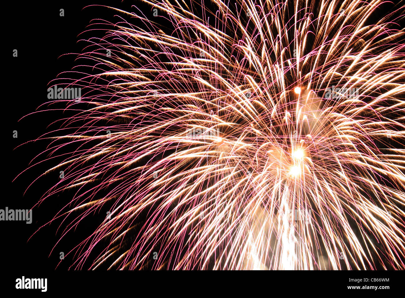 Una lunga esposizione di più fuochi d'artificio contro un cielo nero Foto Stock