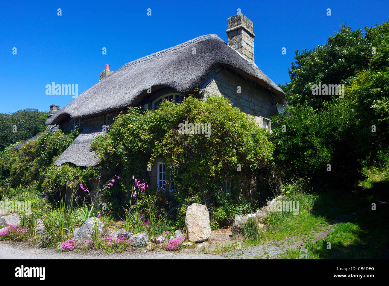 Cottage con il tetto di paglia, Penberth, Lands End Penisola, West Penwith, Cornwall,South West England, UK, Regno Unito, GB, Foto Stock