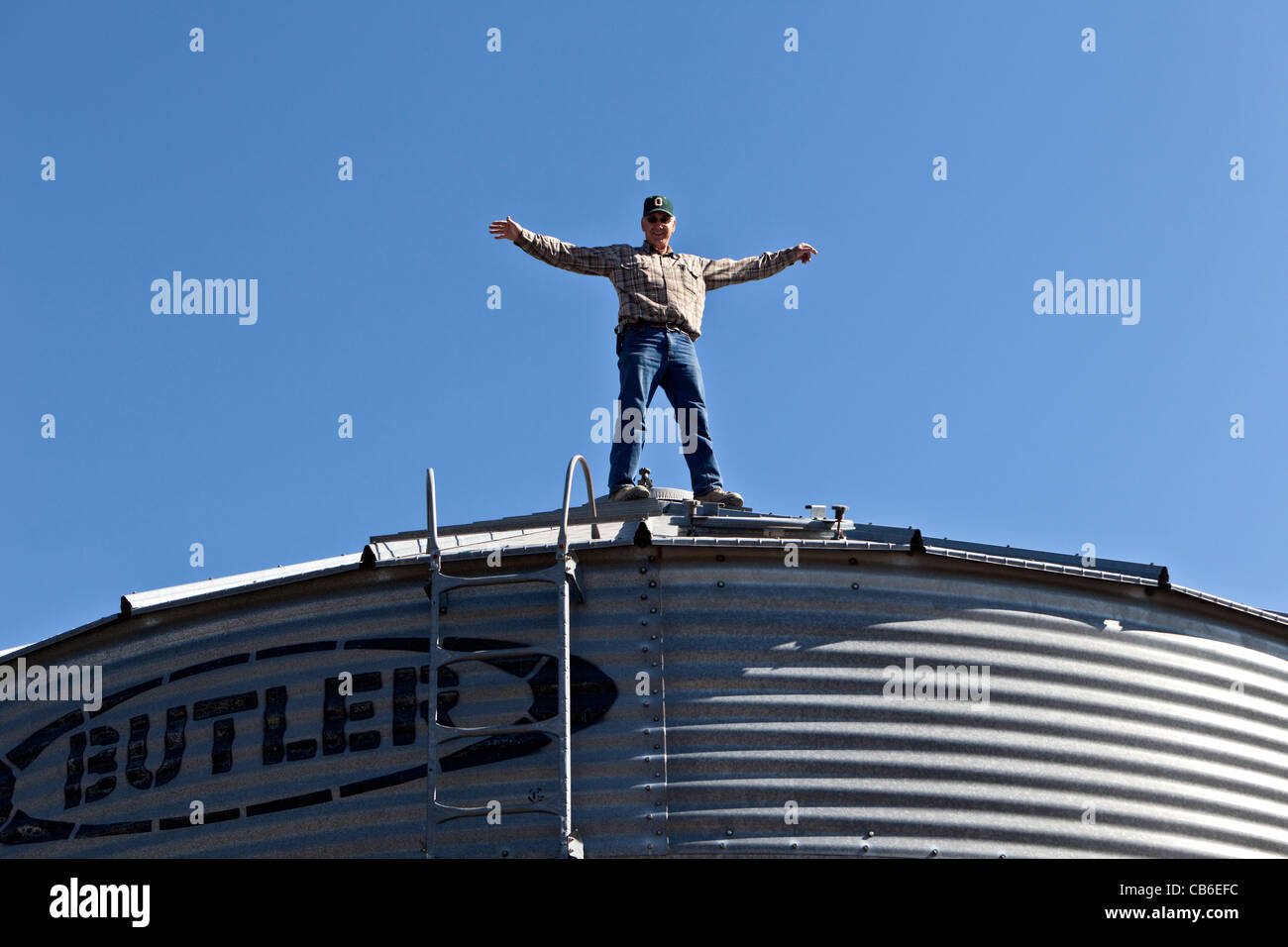 Coltivatore di grano in piedi sul tetto, stoccaggio granella bin. Foto Stock