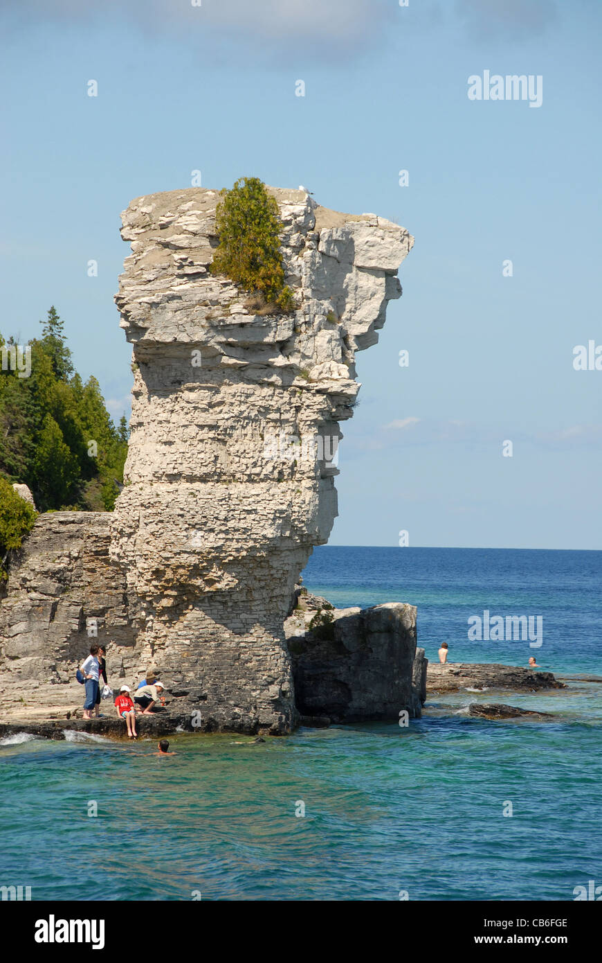 Pilastri roccioso del vaso isola in Fathom cinque National Marine Park vicino a Tobermory sulla penisola di Bruce, Georgian Bay, Ontario, Canada Foto Stock